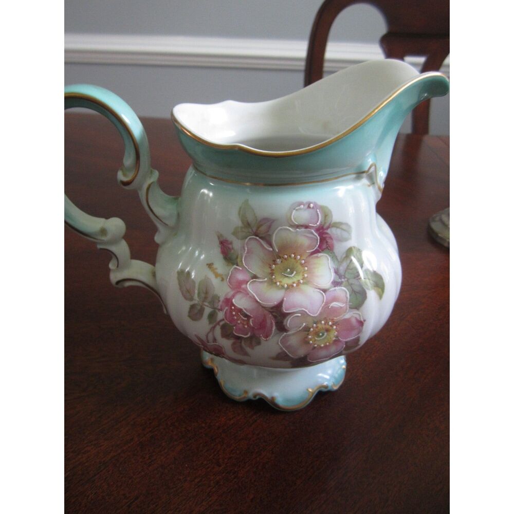 BEAUTIFUL FLORAL  HAND PAINTED IMPERIAL GERMANY TEAL PITCHER 6 1/2" HIGH SIGNED